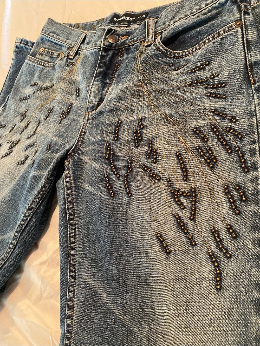 VTG Express Jeans 100% Cotton Studded Sunburst Low Rise Flare Leg 7/8 Y2K - Picture 12 of 15
